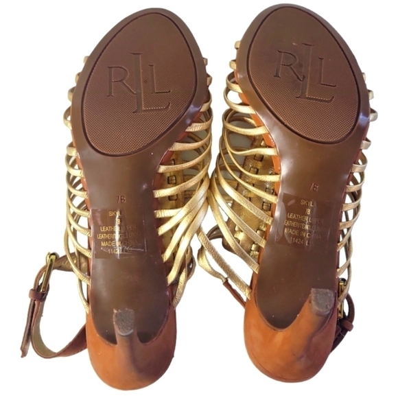 Lauren Ralph Lauren Tan/Gold Cushion Soft Strappy Suede Leather Heels Sandals - Picture 4 of 8